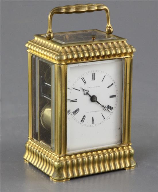 An Henri Jacot gorge-variant ormolu cased hour repeating carriage clock, 4.75in. with leather travelling case.